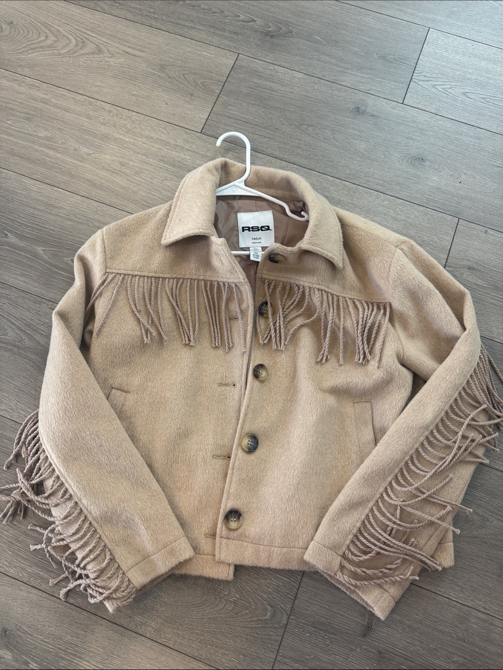 Fringe Button-Up Jacket in Beige Tan